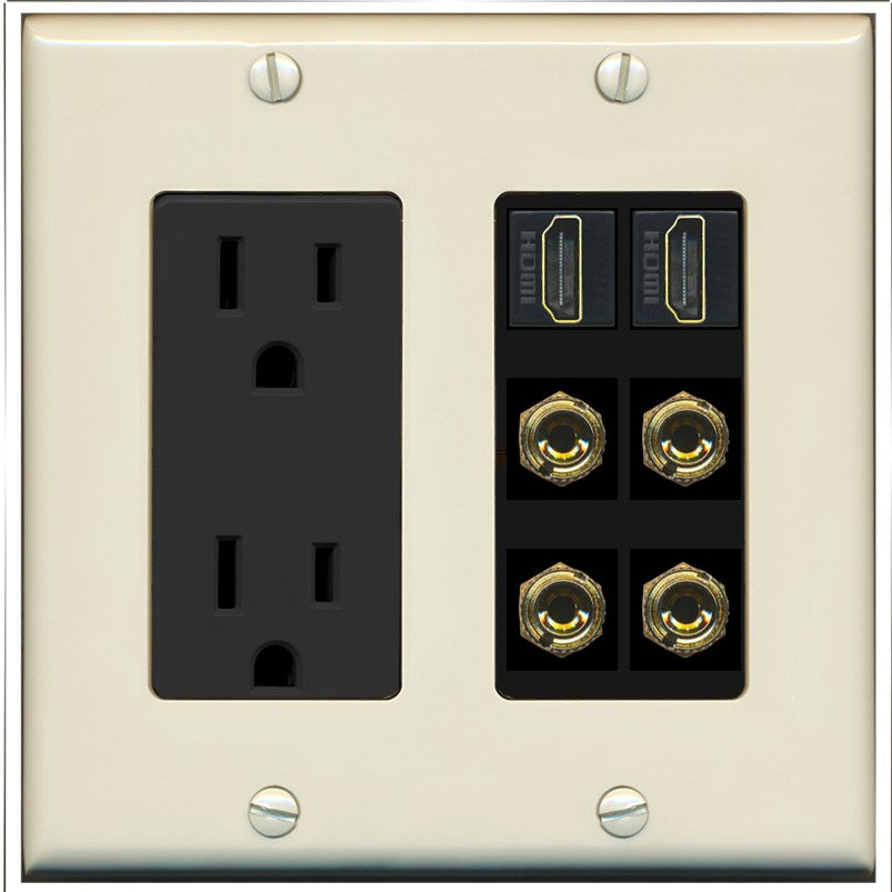RiteAV 2 Speaker 4 Banana Binding Post Wall Plate with 2 HDMI Jacks - Outlet [Light-Almond/Black]