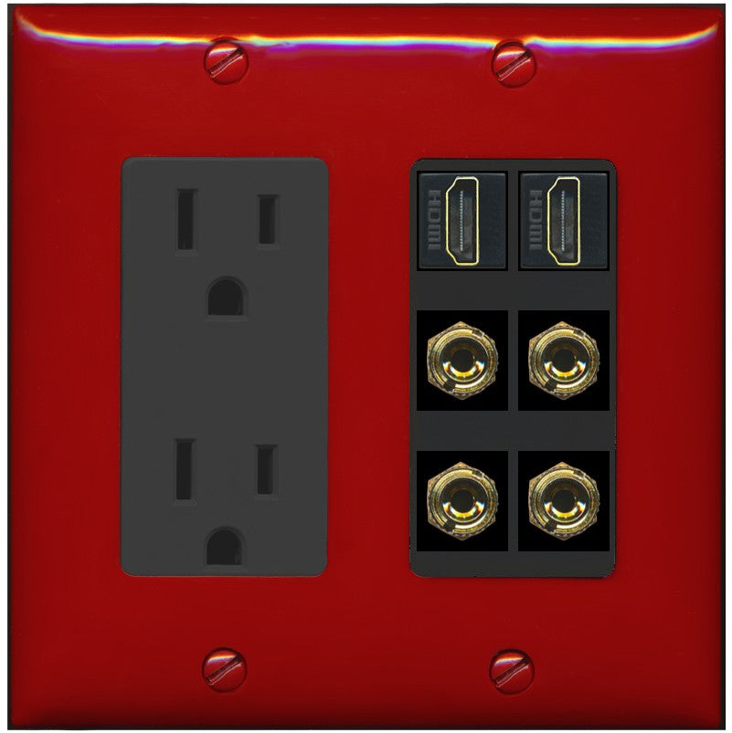 RiteAV 2 Speaker 4 Banana Binding Post Wall Plate with 2 HDMI Jacks - Outlet [Red/Black]