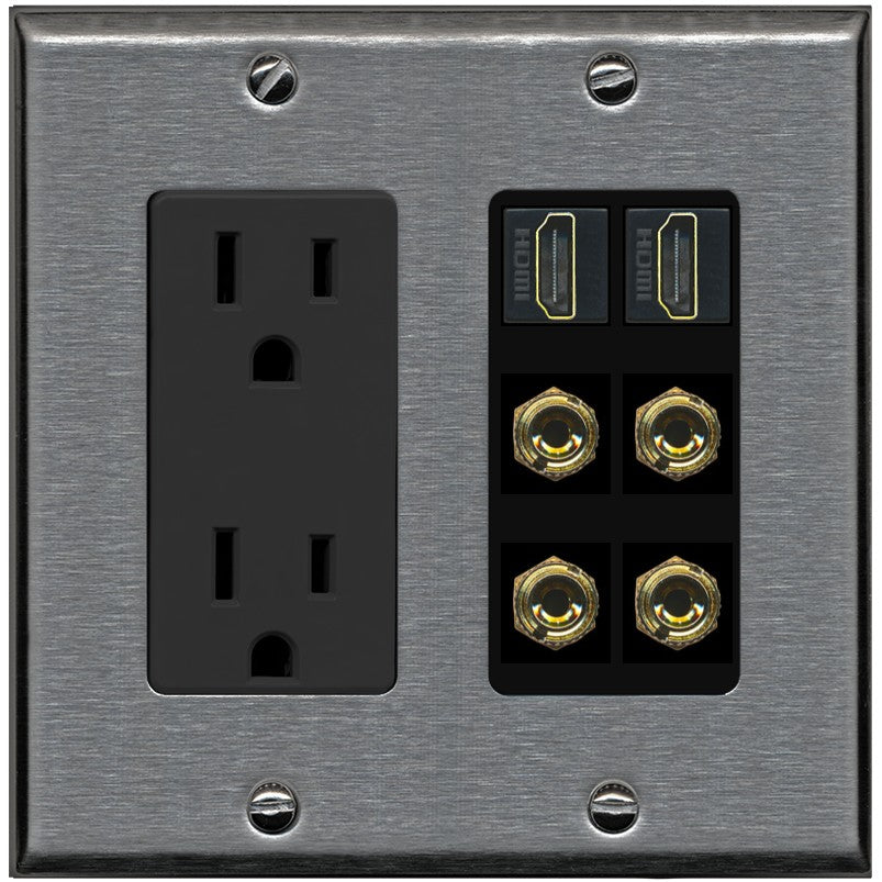 RiteAV 2 Speaker 4 Banana Binding Post Wall Plate with 2 HDMI Jacks - Outlet [Stainless/Black]