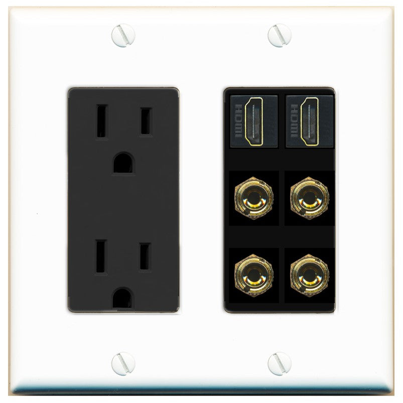 RiteAV 2 Speaker 4 Banana Binding Post Wall Plate with 2 HDMI Jacks - Outlet [White/Black]