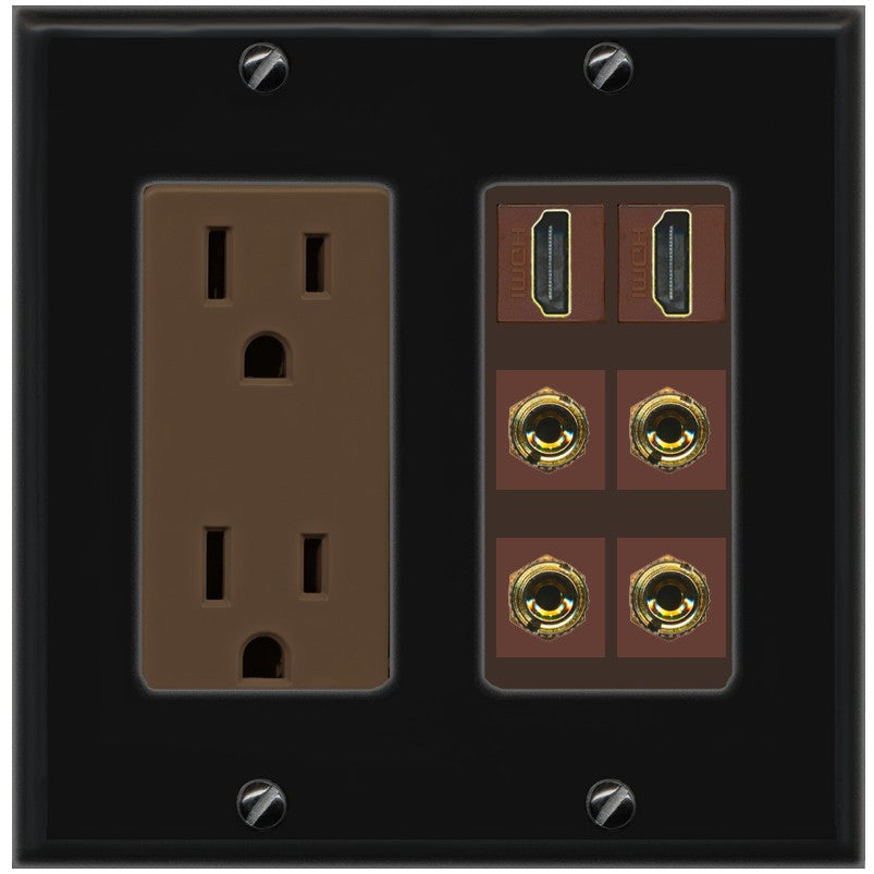 RiteAV 2 Speaker 4 Banana Binding Post Wall Plate with 2 HDMI Jacks - Outlet [Black/Brown]