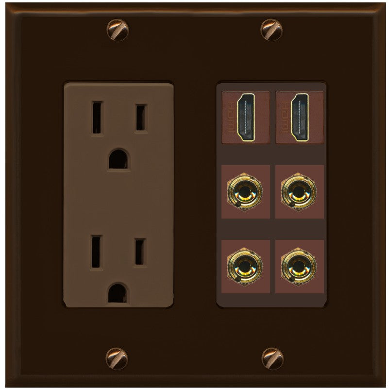 RiteAV 2 Speaker 4 Banana Binding Post Wall Plate with 2 HDMI Jacks - Outlet [Brown/Brown]