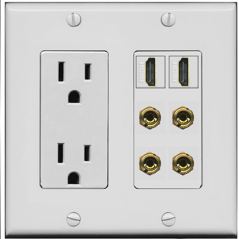 RiteAV 2 Speaker 4 Banana Binding Post Wall Plate with 2 HDMI Jacks - Outlet [Gray/Gray]