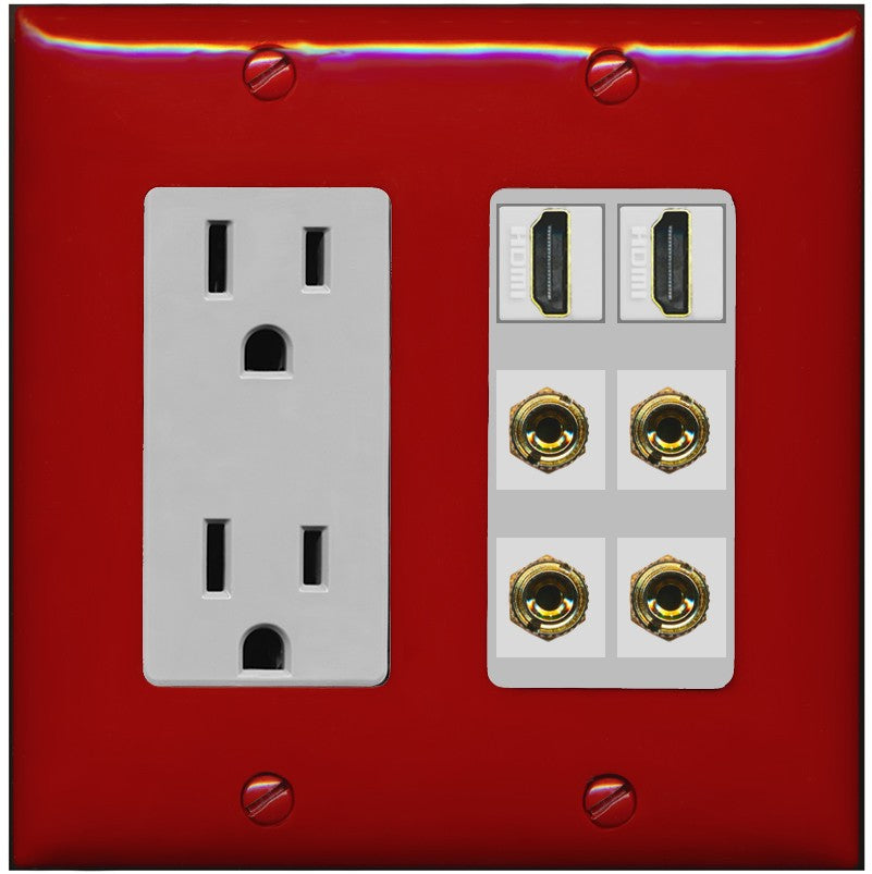 RiteAV 2 Speaker 4 Banana Binding Post Wall Plate with 2 HDMI Jacks - Outlet [Red/Gray]