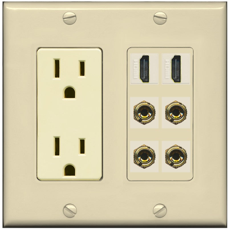 RiteAV 2 Speaker 4 Banana Binding Post Wall Plate with 2 HDMI Jacks - Outlet [Ivory/Ivory]
