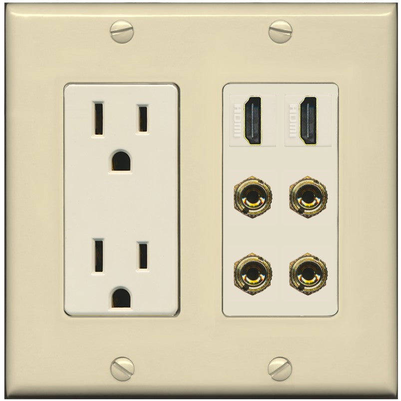 RiteAV 2 Speaker 4 Banana Binding Post Wall Plate with 2 HDMI Jacks - Outlet [Ivory/Light-Almond]