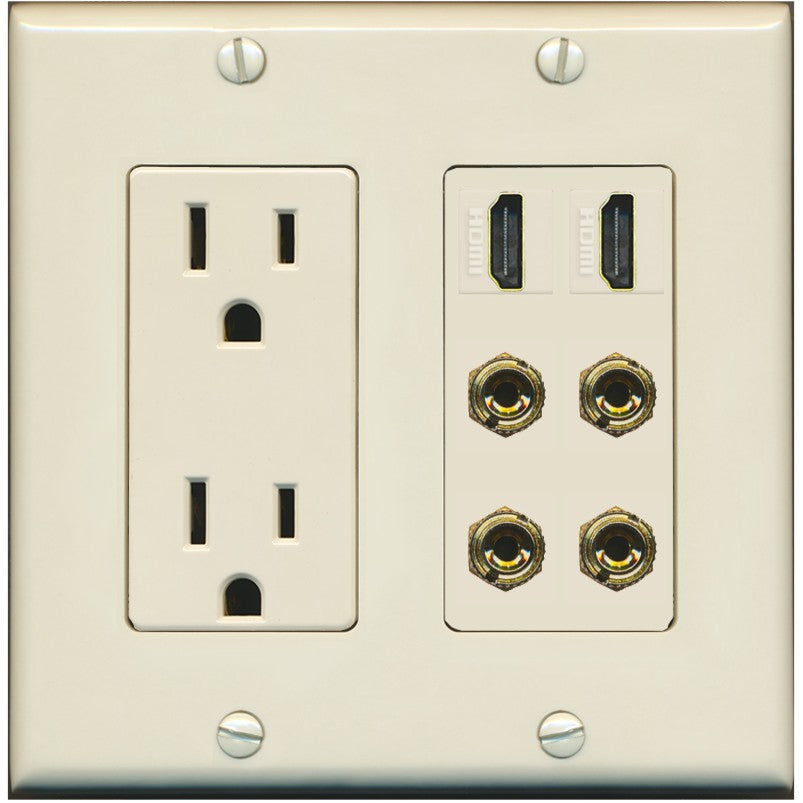 RiteAV 2 Speaker 4 Banana Binding Post Wall Plate with 2 HDMI Jacks - Outlet [Light-Almond]