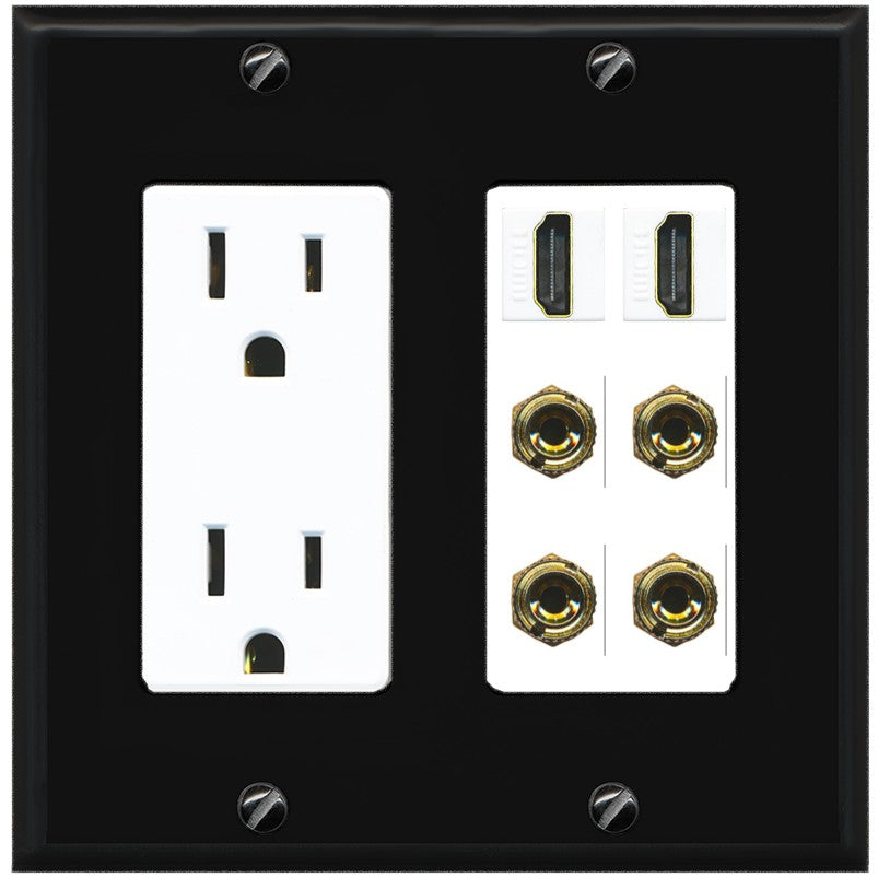 RiteAV 2 Speaker 4 Banana Binding Post Wall Plate with 2 HDMI Jacks - Outlet [Black/White]