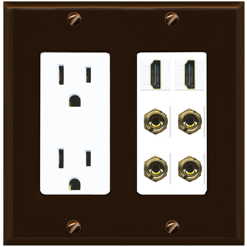 RiteAV 2 Speaker 4 Banana Binding Post Wall Plate with 2 HDMI Jacks - Outlet [Brown/White]