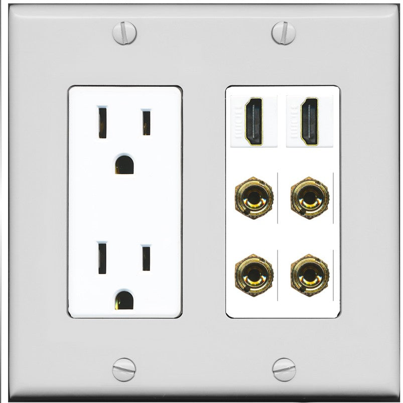 RiteAV 2 Speaker 4 Banana Binding Post Wall Plate with 2 HDMI Jacks - Outlet [Gray/White]