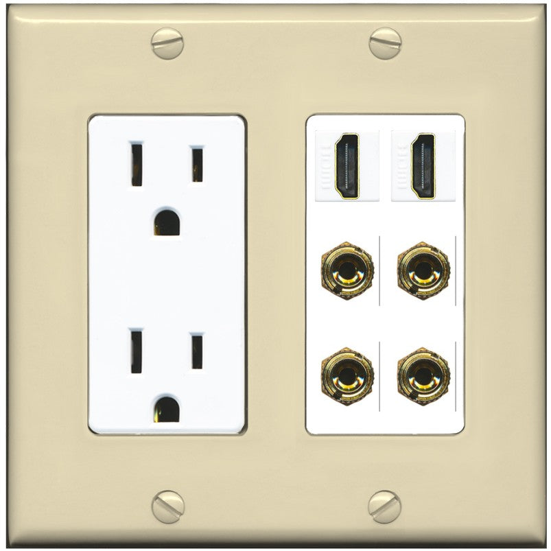 RiteAV 2 Speaker 4 Banana Binding Post Wall Plate with 2 HDMI Jacks - Outlet [Ivory/White]