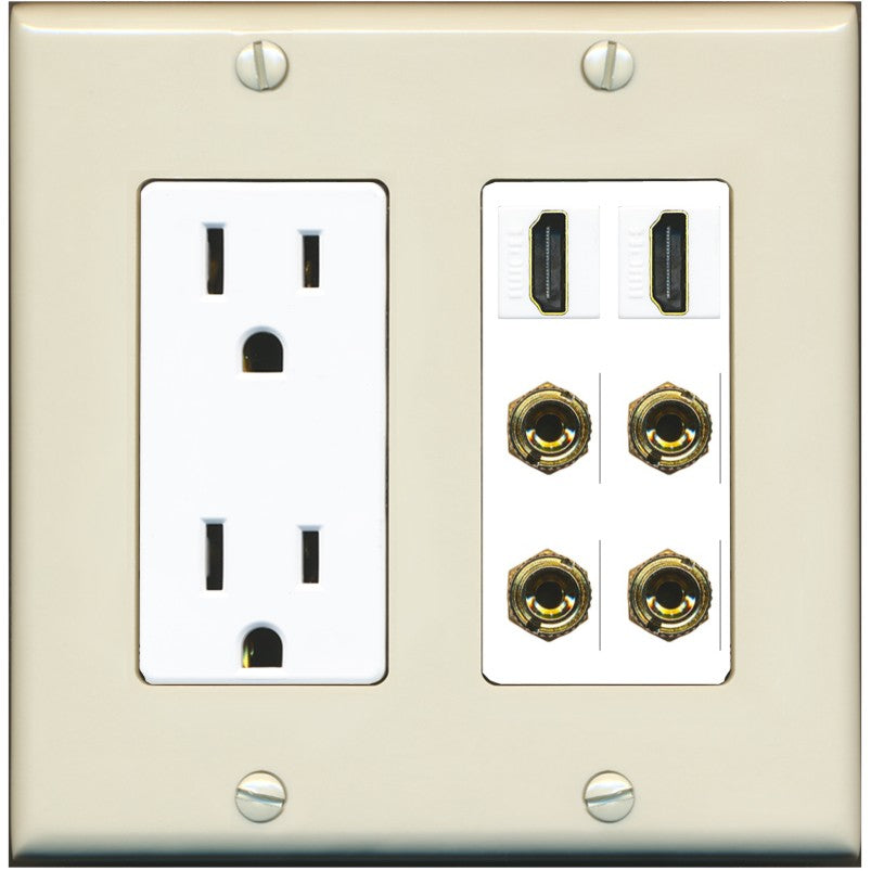 RiteAV 2 Speaker 4 Banana Binding Post Wall Plate with 2 HDMI Jacks - Outlet [Light-Almond/White]
