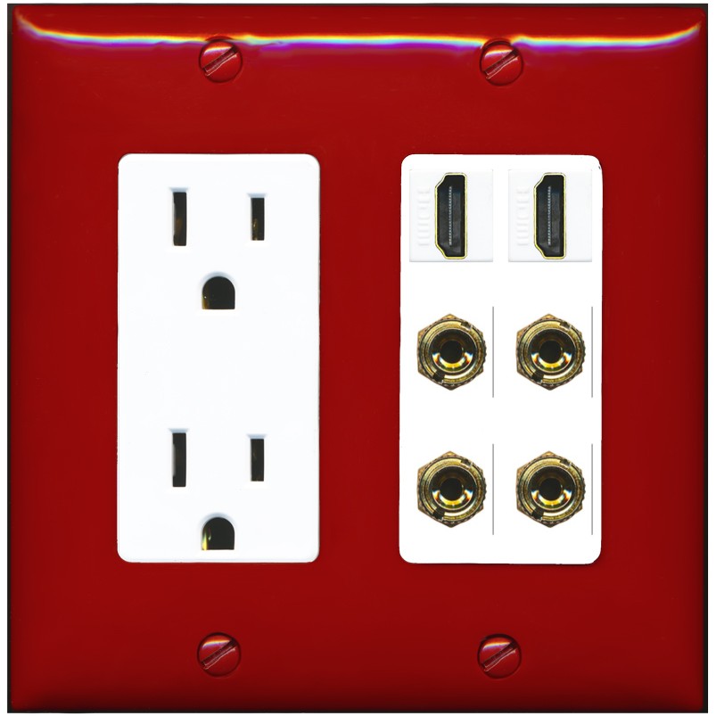 RiteAV 2 Speaker 4 Banana Binding Post Wall Plate with 2 HDMI Jacks - Outlet [Red/White]
