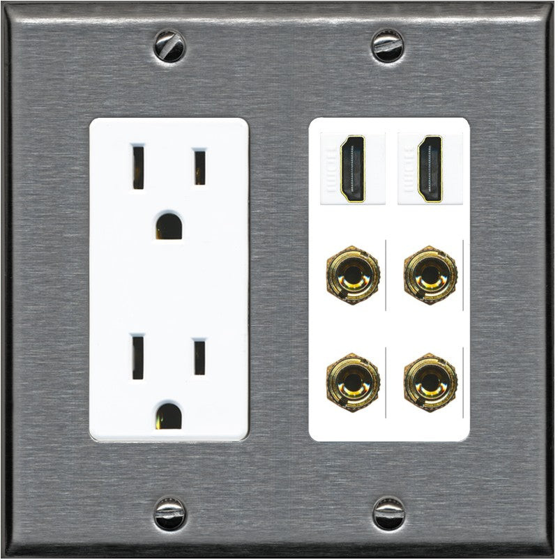 RiteAV 2 Speaker 4 Banana Binding Post Wall Plate with 2 HDMI Jacks - Outlet [Stainless/White]