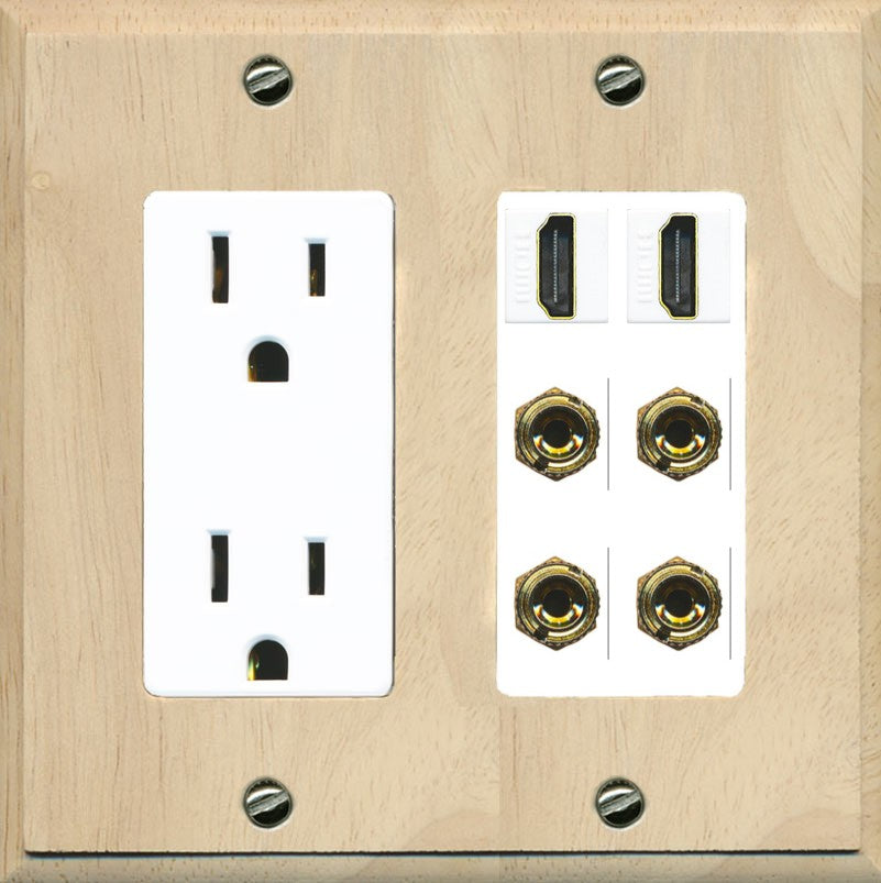 RiteAV 2 Speaker 4 Banana Binding Post Wall Plate with 2 HDMI Jacks - Outlet [Wood/White]