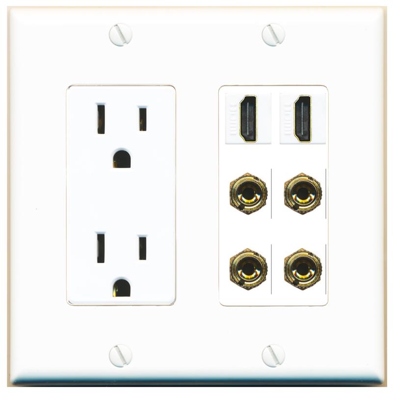 RiteAV 2 Speaker 4 Banana Binding Post Wall Plate with 2 HDMI Jacks - Outlet [White]