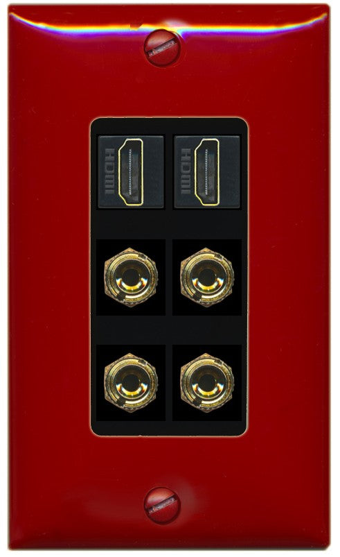 RiteAV 2 Speaker 4 Banana Binding Post Wall Plate with 2 HDMI Jacks - 1 Gang Decorative [Red/Black]
