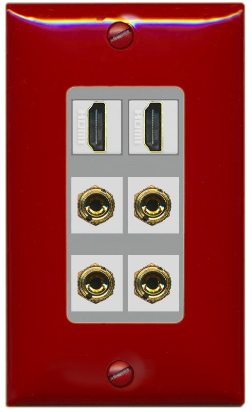 RiteAV 2 Speaker 4 Banana Binding Post Wall Plate with 2 HDMI Jacks - 1 Gang Decorative [Red/Gray]