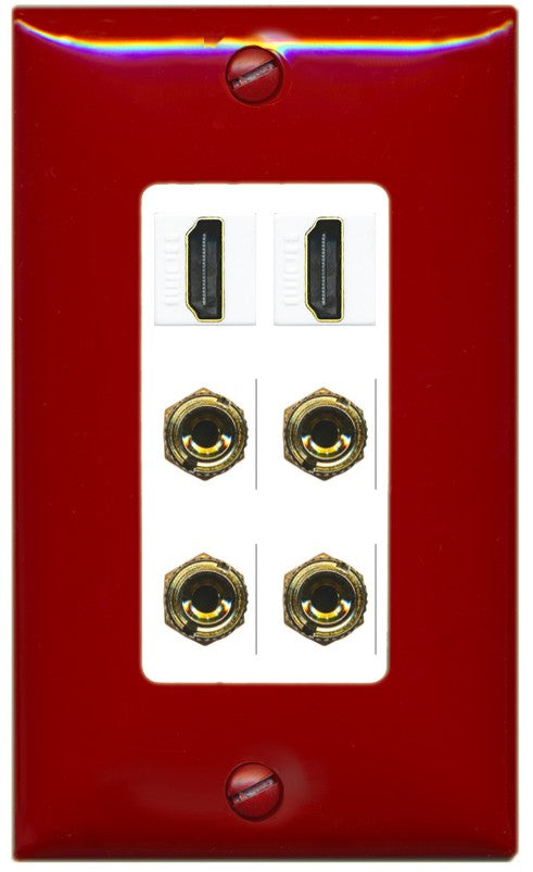 RiteAV 2 Speaker 4 Banana Binding Post Wall Plate with 2 HDMI Jacks - 1 Gang Decorative [Red/White]