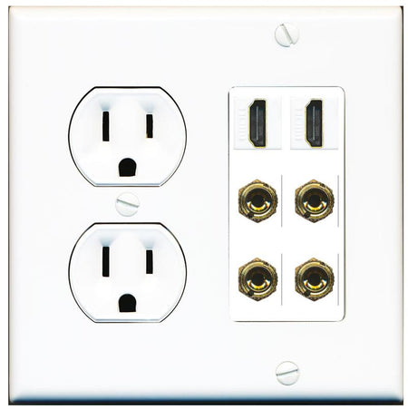 RiteAV 2 Speaker 4 Banana Binding Post Wall Plate with 2 HDMI Jacks - Round Outlet [White]
