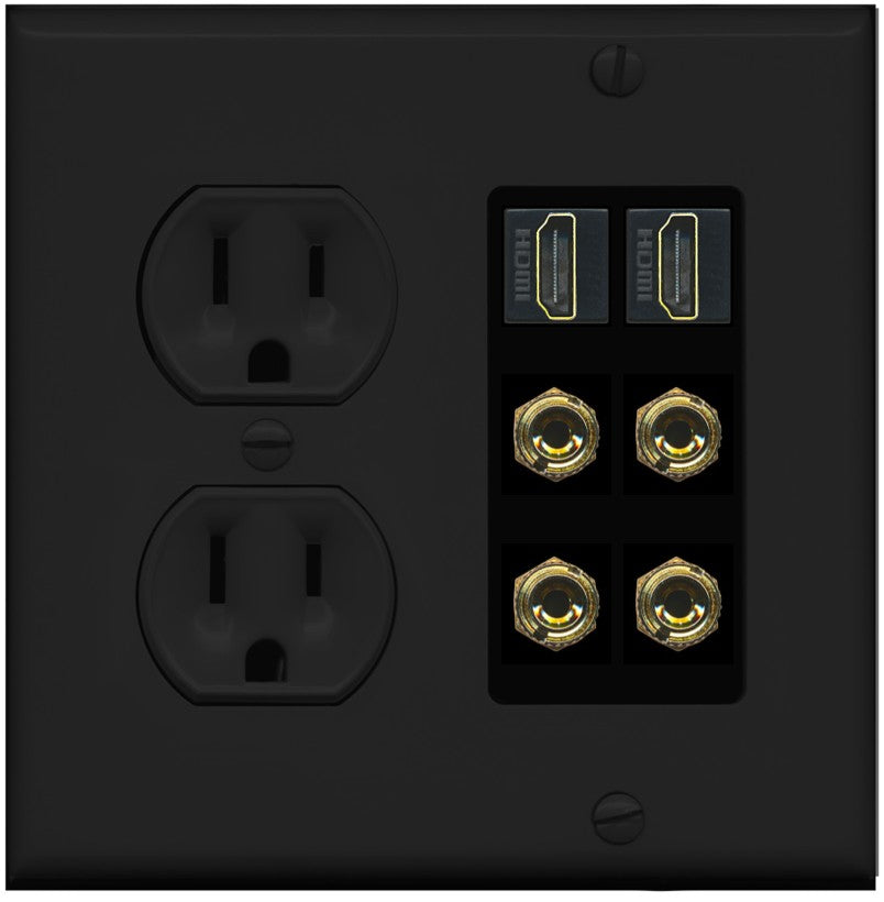 RiteAV 2 Speaker 4 Banana Binding Post Wall Plate with 2 HDMI Jacks - Round Outlet [Black/Black]