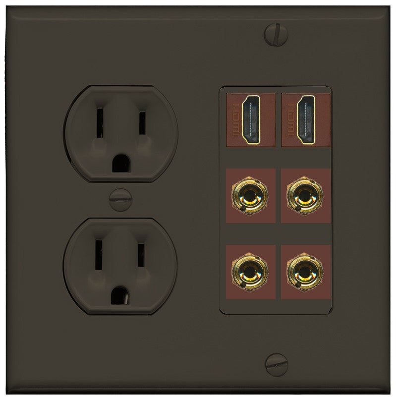 RiteAV 2 Speaker 4 Banana Binding Post Wall Plate with 2 HDMI Jacks - Round Outlet [Brown/Brown]
