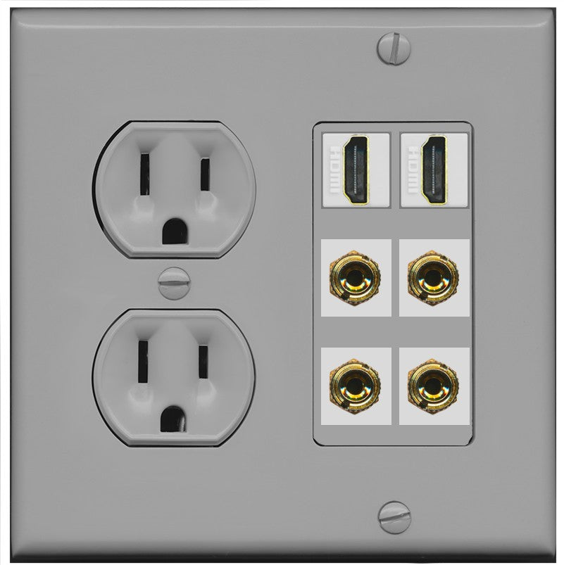 RiteAV 2 Speaker 4 Banana Binding Post Wall Plate with 2 HDMI Jacks - Round Outlet [Gray/Gray]
