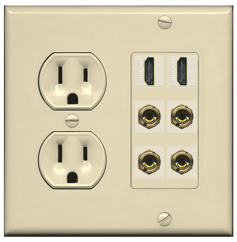 RiteAV 2 Speaker 4 Banana Binding Post Wall Plate with 2 HDMI Jacks - Round Outlet [Ivory/Ivory]