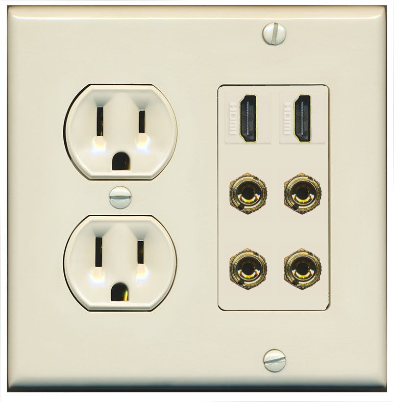 RiteAV 2 Speaker 4 Banana Binding Post Wall Plate with 2 HDMI Jacks - Round Outlet [Light-Almond]