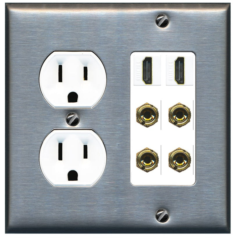 RiteAV 2 Speaker 4 Banana Binding Post Wall Plate with 2 HDMI Jacks - Round Outlet [Stainless/White]