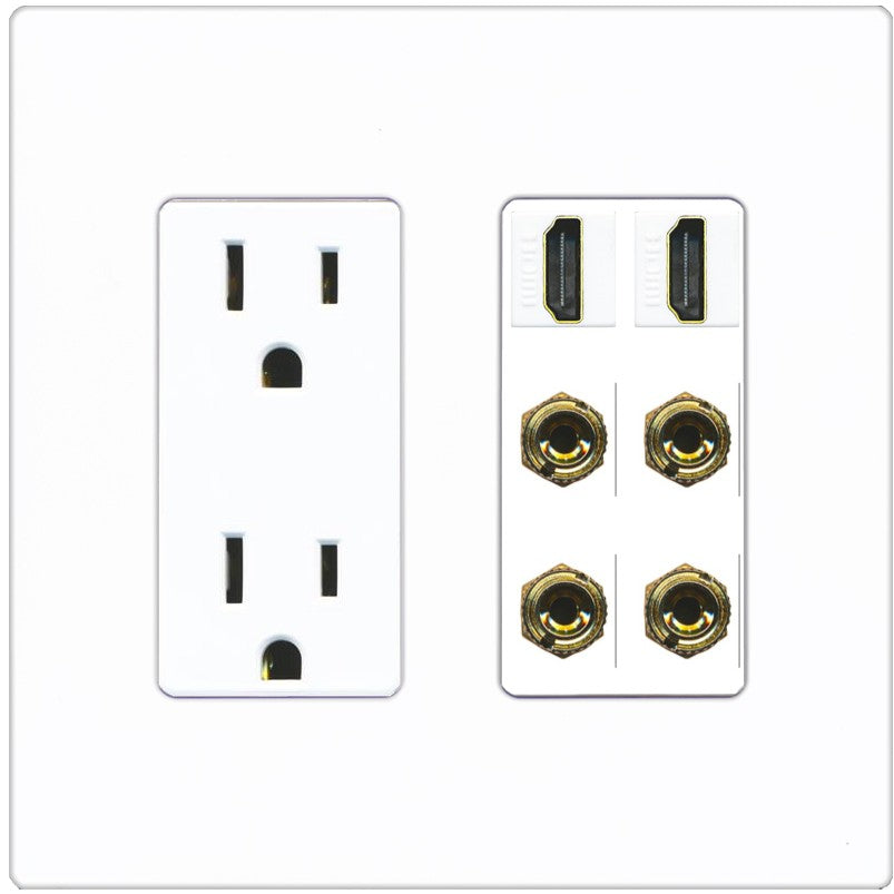 RiteAV 2 Speaker 4 Banana Binding Post Wall Plate with 2 HDMI Jacks - Outlet [Screwless White]