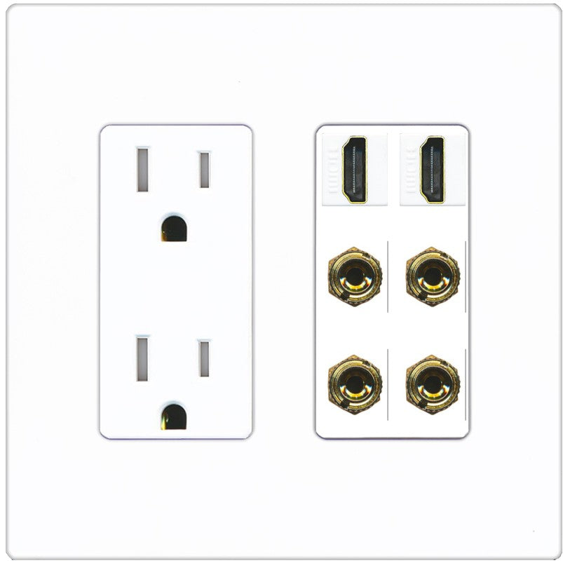 RiteAV 2 Speaker 4 Banana Binding Post Wall Plate with 2 HDMI Jacks - Tamper-Resistant Outlet [Screwless White]