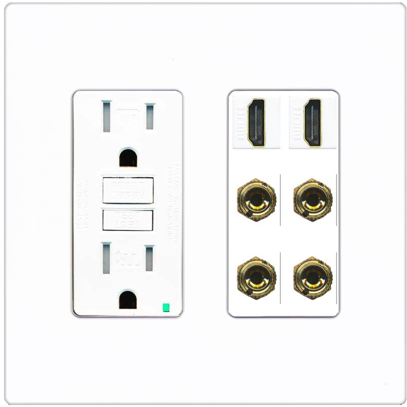 RiteAV 2 Speaker 4 Banana Binding Post Wall Plate with 2 HDMI Jacks - GFCI Outlet [Screwless White]