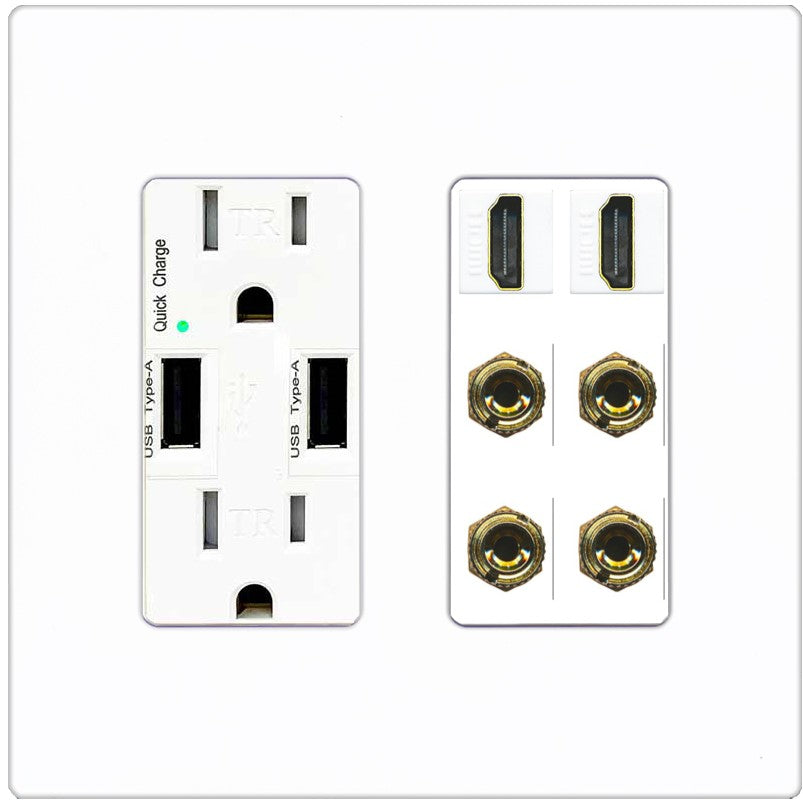 RiteAV 2 Speaker 4 Banana Binding Post Wall Plate with 2 HDMI Jacks - USB Outlet [Screwless White]