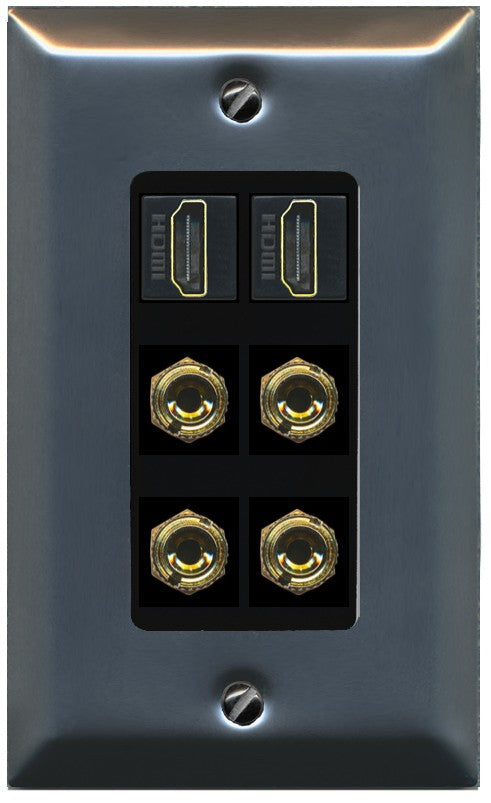 RiteAV 2 Speaker 4 Banana Binding Post Wall Plate with 2 HDMI Jacks - 1 Gang Decorative [Stainless/Black]