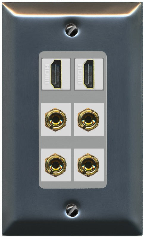 RiteAV 2 Speaker 4 Banana Binding Post Wall Plate with 2 HDMI Jacks - 1 Gang Decorative [Stainless/Gray]