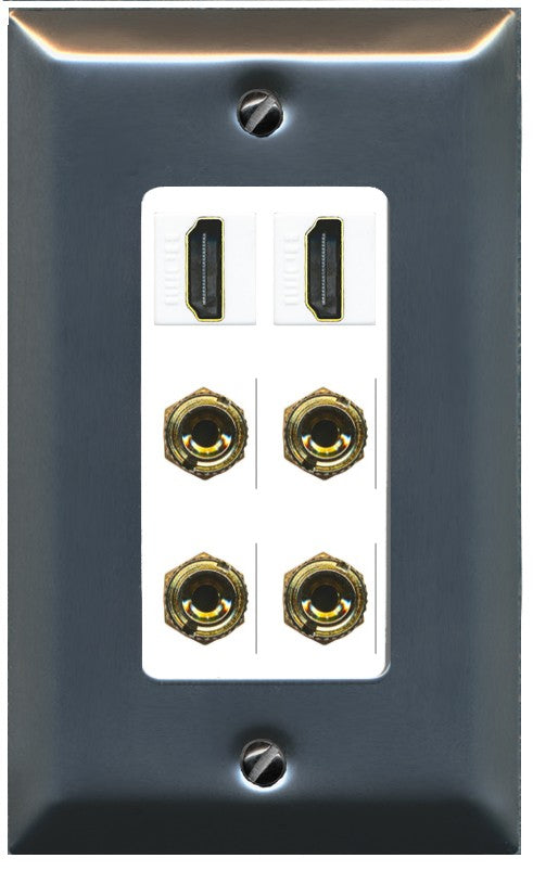 RiteAV 2 Speaker 4 Banana Binding Post Wall Plate with 2 HDMI Jacks - 1 Gang Decorative [Stainless/White]