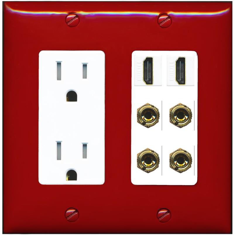 RiteAV 2 Speaker 4 Banana Binding Post Wall Plate with 2 HDMI Jacks - Tamper-Resistant Outlet [Red/White]