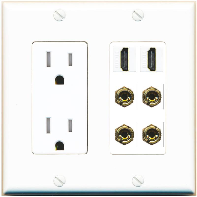 RiteAV 2 Speaker 4 Banana Binding Post Wall Plate with 2 HDMI Jacks - Tamper-Res [White]