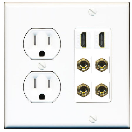 RiteAV 2 Speaker 4 Banana Binding Post Wall Plate with 2 HDMI Jacks - Tamper Proof [White]