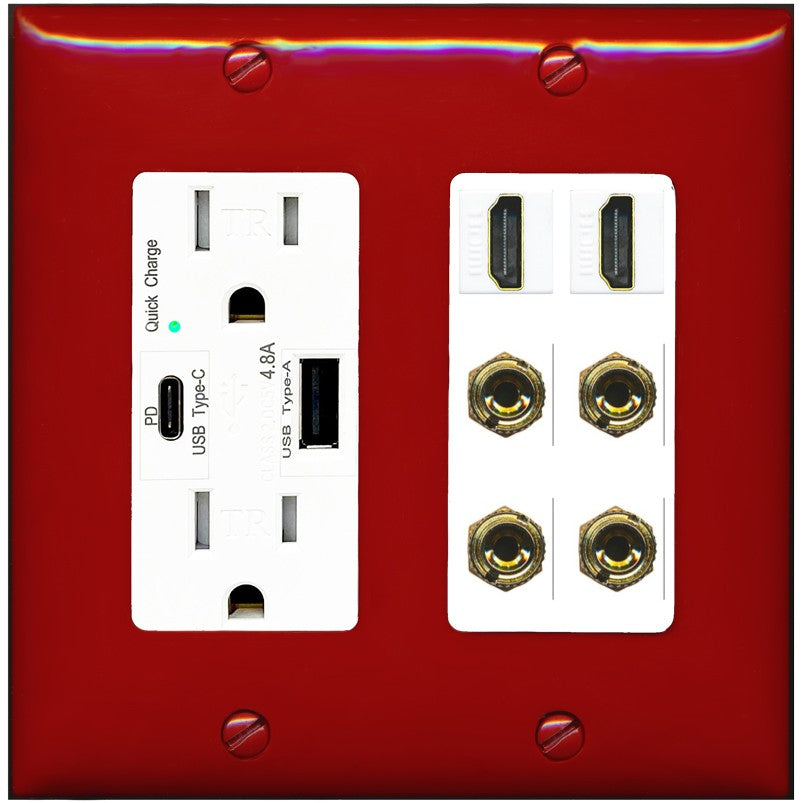 RiteAV 2 Speaker 4 Banana Binding Post Wall Plate with 2 HDMI Jacks - USB A+C Outlet [Red/White]
