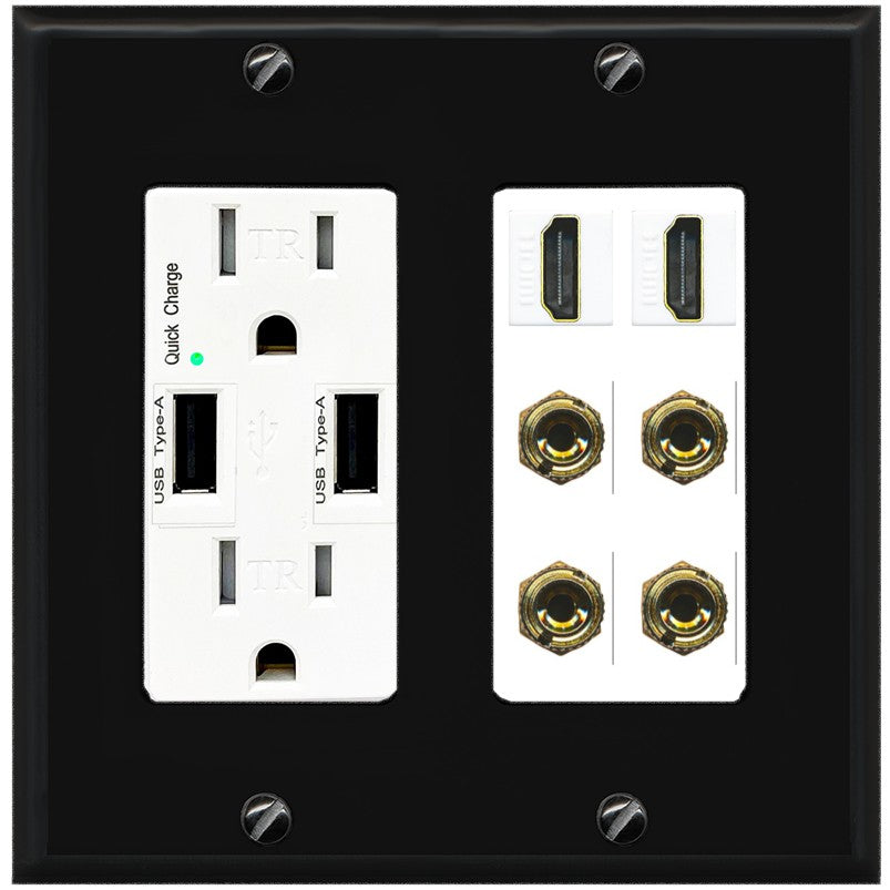 RiteAV 2 Speaker 4 Banana Binding Post Wall Plate with 2 HDMI Jacks - USB Outlet [Black/White]