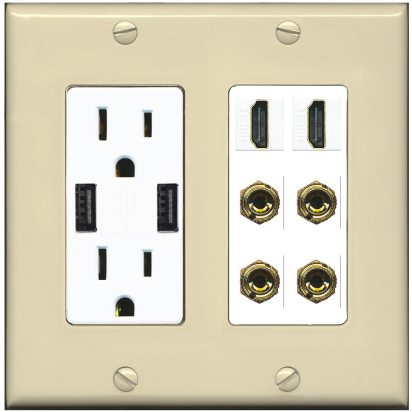 RiteAV 2 Speaker 4 Banana Binding Post Wall Plate with 2 HDMI Jacks - USB Outlet [Ivory/White]