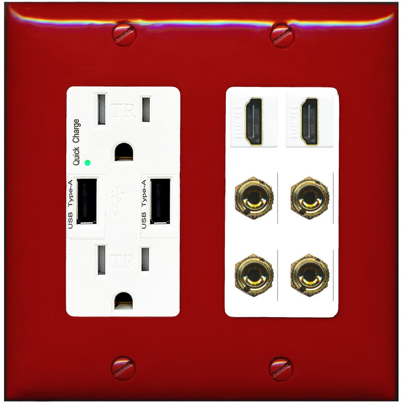 RiteAV 2 Speaker 4 Banana Binding Post Wall Plate with 2 HDMI Jacks - USB Outlet [Red/White]