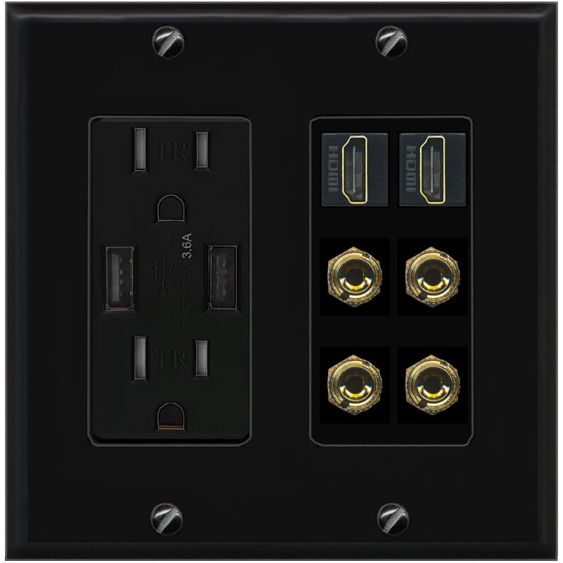 RiteAV 2 Speaker 4 Banana Binding Post Wall Plate with 2 HDMI Jacks - USB Outlet [Black/Black]