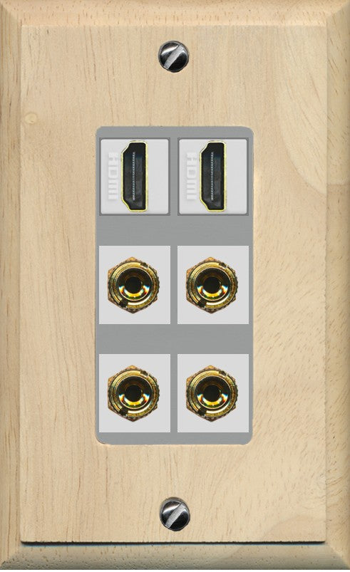 RiteAV 2 Speaker 4 Banana Binding Post Wall Plate with 2 HDMI Jacks - 1 Gang Decorative [Wood/Gray]