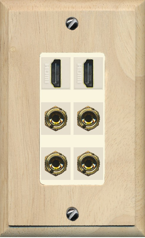 RiteAV 2 Speaker 4 Banana Binding Post Wall Plate with 2 HDMI Jacks - 1 Gang Decorative [Wood/Light-Almond]