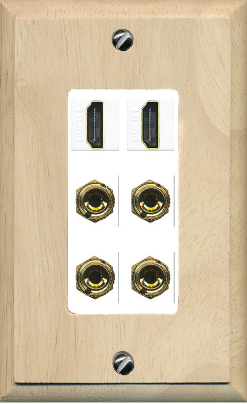 RiteAV 2 Speaker 4 Banana Binding Post Wall Plate with 2 HDMI Jacks - 1 Gang Decorative [Wood/White]