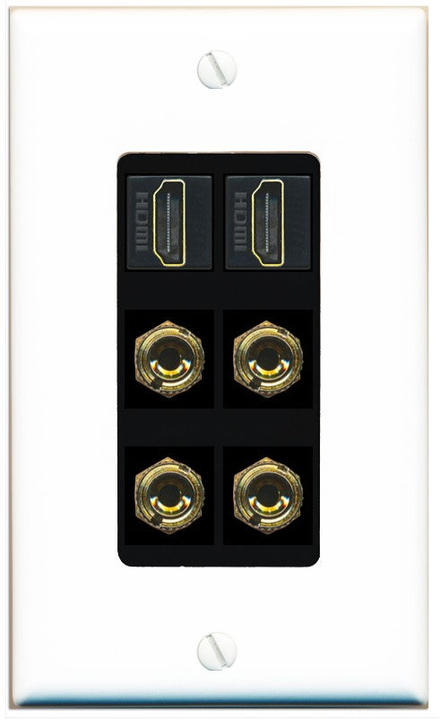 RiteAV 2 Speaker 4 Banana Binding Post Wall Plate with 2 HDMI Jacks - 1 Gang Decorative [White/Black]