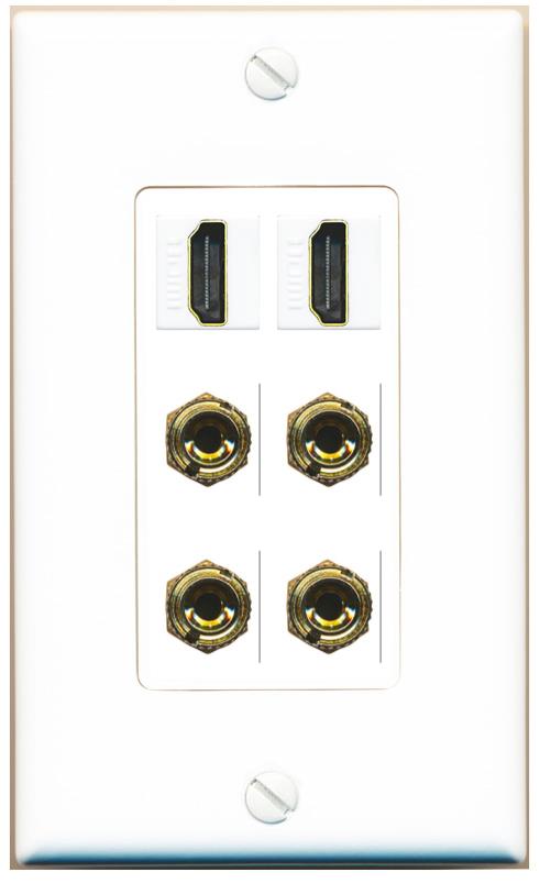 RiteAV 2 Speaker 4 Banana Binding Post Wall Plate with 2 HDMI Jacks - 1 Gang [White]